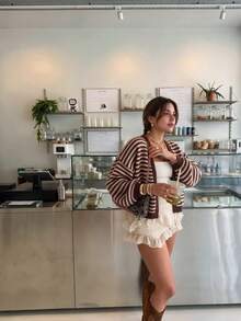 SEREN 新款秋冬條紋長袖無鈕扣女款針織開襟衫，寬鬆休閒 Y2K 上衣，女款毛衣外套，適合日常穿著 - 黑茶棕加淺杏 - 查看 6