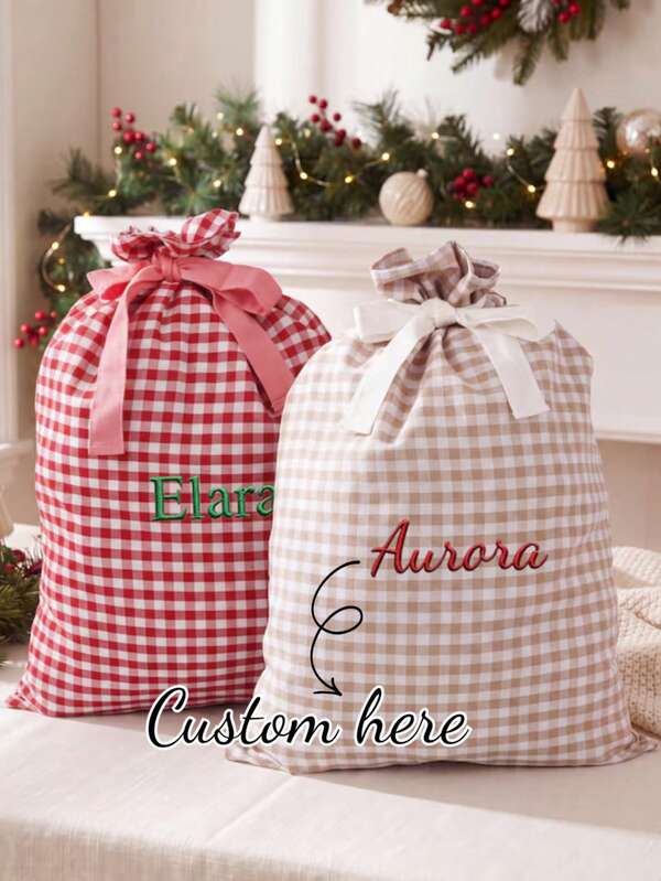 1 peça Saco de Presente de Natal Personalizado com Nome, Saco de Tecido Xadrez Bordado com Nome, Saco de Armazenamento de Natal Personalizado para Crianças, Saco de Embalagem de Doces de Feriado, Decoração de Festa de Natal, Suprimentos de Feriado Familiar, Saco de Embalagem de Presente Criativo, Saco de Tecido Reutilizável, Adequado para Presentes de Crianças, Presentes de Troca de Natal, Presentes Surpresa de Feriado, Estilo Xadrez Vintage com Design de Laço