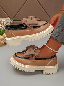 Women's Wedge Heel Thick Sole Loafers With Bow Decor, Fashionable Versatile Slip-On Shoes - Khaki - View 5