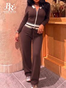 BADDIE REALM Women 2pcs Set Front Zipper Ribbed Knit Preppy Sporty Casual Streetwear Everyday Basic - Brown - View 2