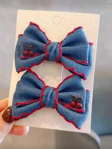 2pcs Cherry Denim Bow Hair Clips, Various Styles, Exquisite And Cute, Suitable For Creating Princess Style Bangs Hair Accessories - Multicolor - View 3