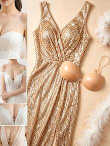 1Pc Breathable Skin-Friendly Washable Self-Adhesive Invisible Bra, Front Closure Deep V Shaping Pasties For T-Shirts Low-Cut Tops Wedding Backless - Apricot - View 1