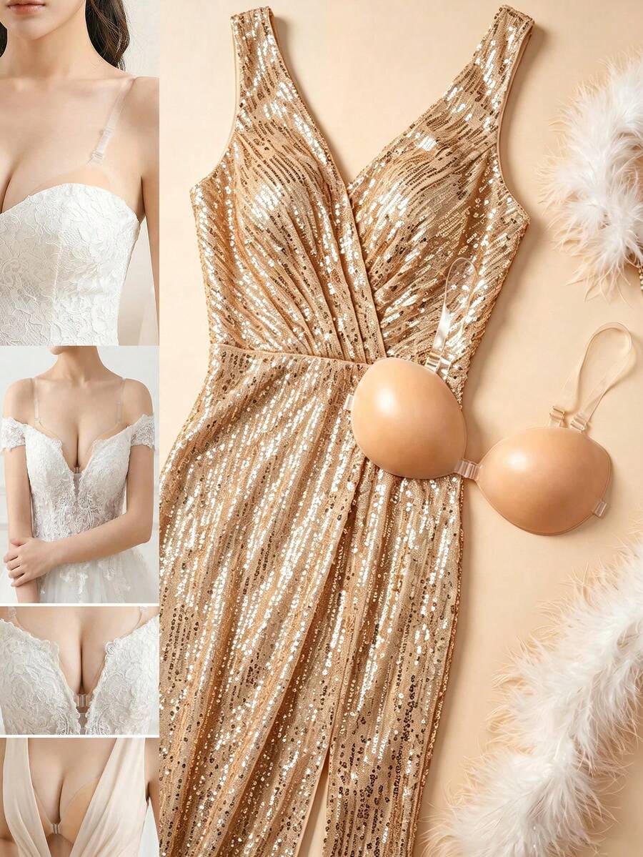 1Pc Breathable Skin-Friendly Washable Self-Adhesive Invisible Bra, Front Closure Deep V Shaping Pasties For T-Shirts Low-Cut Tops Wedding Backless - Apricot - View 1
