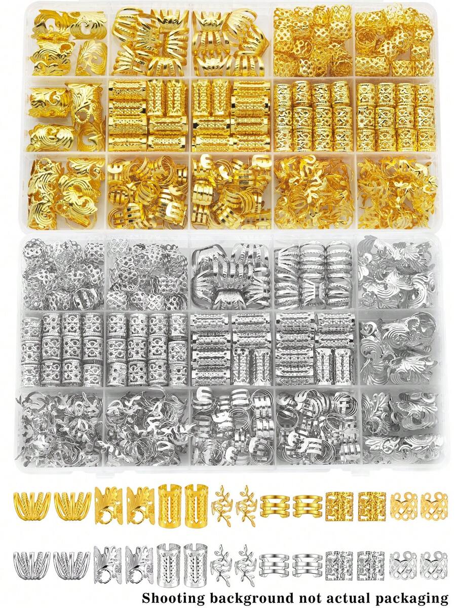 280件組 金色與銀色復古波希米亞風合金髮環套組－鏤空圓形髮飾，適用於編髮與DIY髮型設計（不含盒）