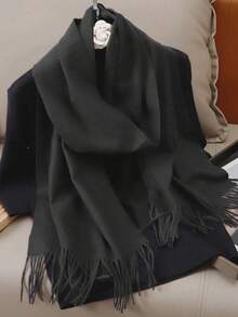 1pc Fashionable & Elegant Solid Color Wool Warm Pashmina Scarf, Unisex Casual Fringed Cold-Proof Shawl, Suitable For Daily Wear, Autumn/Winter - Multicolor - View 2