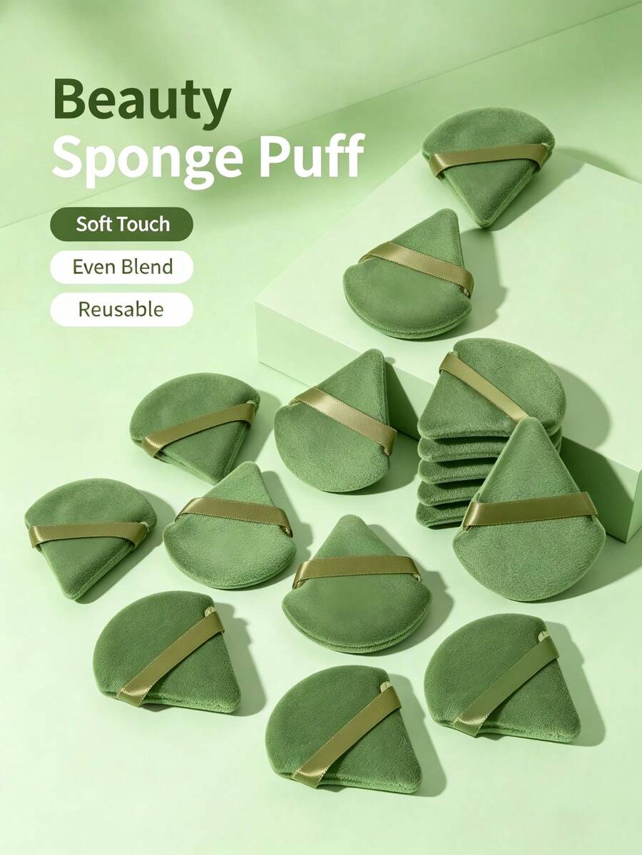 24pcs/15pcs/8pcs Triangle Sponge Powder Puff, Soft Triangular Makeup Sponge For Loose Powder And Setting, Suitable For Loose Powder, Body, Fan-Shaped Flocked Makeup Sponge, Base Makeup Blending Sponge Set, Makeup Tools - Green - View 1