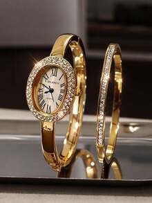 2pcs Women's Fashion Luxury Quartz Watch, Exquisite Oval Rhinestone Watch, Paired With Rhinestone Bracelet Jewelry Set, Suitable For Daily Wear, Holidays And Parties, Perfect Gift For Women. - Gold - View 7