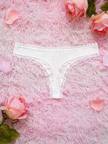 7 Pcs Ribbed Cotton Thongs Panties For Women Lace Trim Bow Decorate Soft Touch Comfy Daily Wear, White - White - View 5