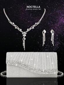 Noctella Sparkling Rhinestone Envelope Clutch Evening Bag, New Women's Shoulder Bag Party Bag, Paired With Sparkling Rhinestone Pendant Jewelry 2 Pieces Set, Luxury Rhinestone Pendant Necklace And Earrings, Matches Sequin Dress, Wedding Dress, Suitable For Party, Wedding, Gathering, Ball - Silver - View 11