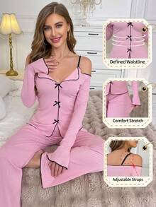 Valentine's Day Gift Spring/Autumn Women's Ribbed Solid Color Sweet Bow Fitted Sexy Cold Shoulder Bell Sleeve Camisole Long Sleeve Pants Casual Comfortable Loungewear Set 2 Pieces - Pink - View 7