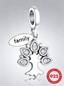 RADIVIDE 1pc 925 Sterling Silver Family Tree Pendant Charm, Inlaid With Transparent Cubic Zirconia Leaf Engraved Family Tag Pendant Bead, Suitable For European Style Bracelets, Family - Silver - View 1