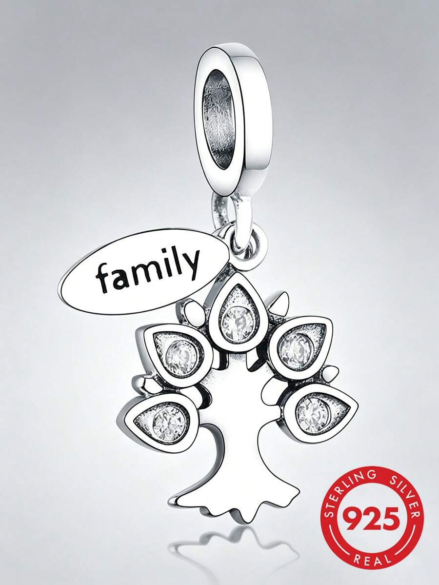 RADIVIDE 1pc 925 Sterling Silver Family Tree Pendant Charm, Inlaid With Transparent Cubic Zirconia Leaf Engraved Family Tag Pendant Bead, Suitable For European Style Bracelets, Family - Silver - View 1