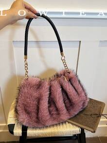 low tea 1pc Fashion Cloud Pleated Plush Fabric Shoulder Bag, Suitable For Commuting, Shopping, Etc. - Pink - View 7