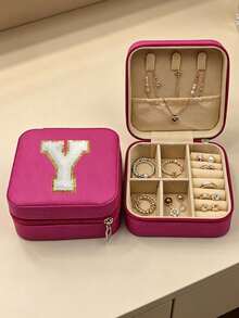 1pc PU Leather Jewelry Box, Large Capacity Jewelry Storage Box, Embroidered Letter Jewelry Organizer, Portable Travel Jewelry Storage Box, Suitable For Rings, Necklaces, Earrings, Etc., Travel Essential, Holiday Makeup Bag. - Multicolor - View 2