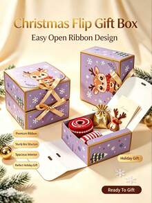 Christmas Gift Boxes With Ribbon, 4.53 * 4.53 * 1.97 In Purple Reindeer Paper Treat Box, Xmas Party Favor Candy Cookie Gift Packaging Box - View 2