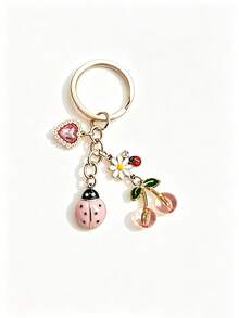 Enameled Alloy Ladybug Daisy Cherry Pendant, Cute Girly Backpack Charm, Exquisite Personal Accessory, Ladybug Keychain With Small Daisy, Cherry, And Heart Rhinestone Combination, Girly Heart Bag Charm, Versatile And Exquisite Car Keyring, Best Friend - Multicolor - View 12