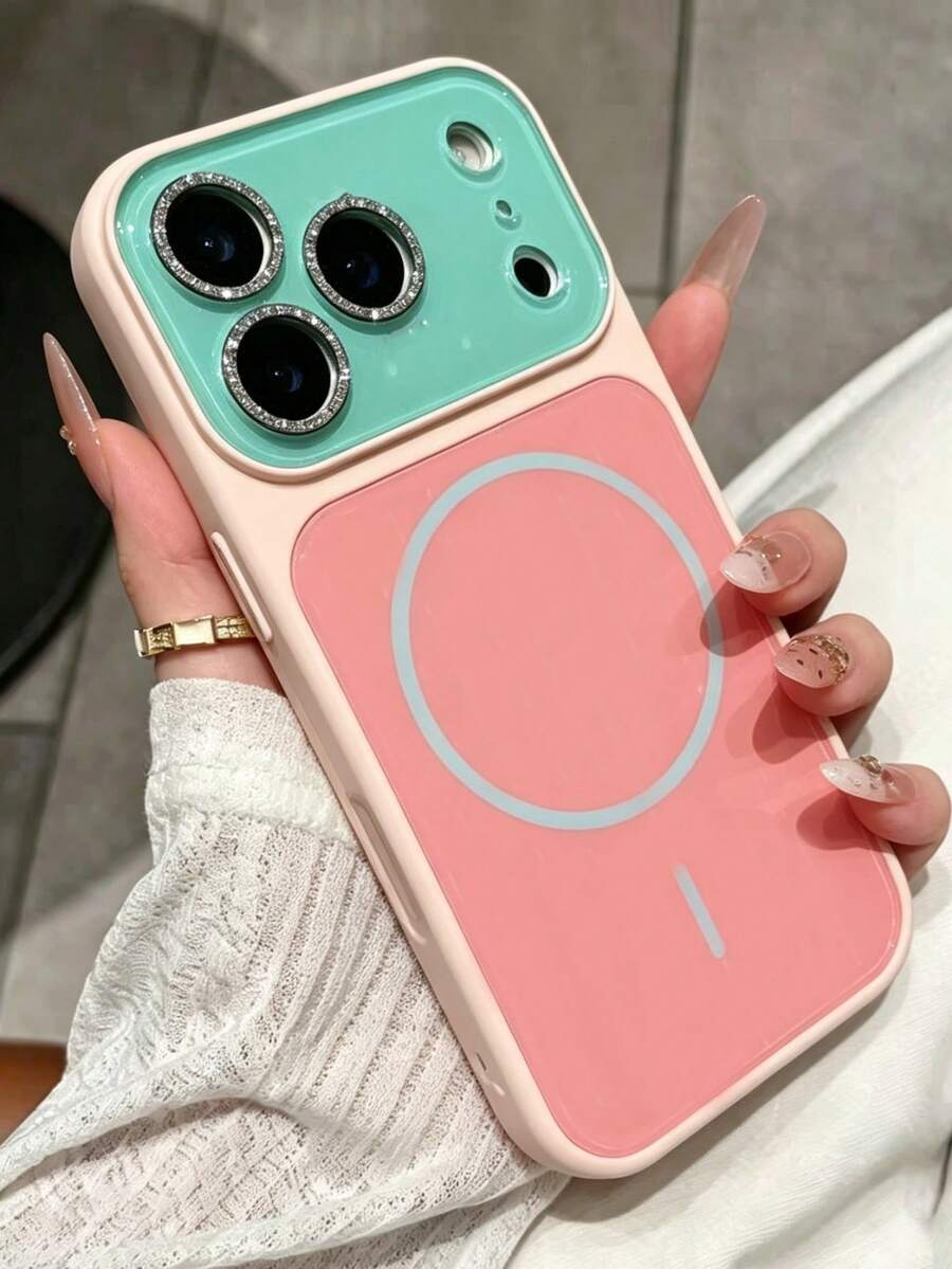 New Fashion Contrast Color Magnetic Wireless Charging Anti‑Fall Phone Case Compatible With IPhone 17 Pro Max 17 Pro 16 15 14 13 Pro Max 15 16 17 13 Rhinestone Camera Large Window Anti‑Drop Soft Phone Case - Pastel Green - View 1