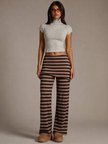 VIBEWAVE Brown & Black Striped Faux Two Pieces Skort, Low Waist Flared Long Casual Pants For Women, American Vintage Hot Girl Style, Spring/Autumn Streetwear Bottoms - Multicolor - View 5