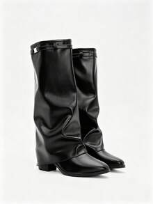 Women's Loose Knee-High Boots, Metal Buckle Wide Shaft Folded Long Boots, Pointed Toe Leather Western Cowboy Boots, Fashion Casual Riding Boots - Black - View 1