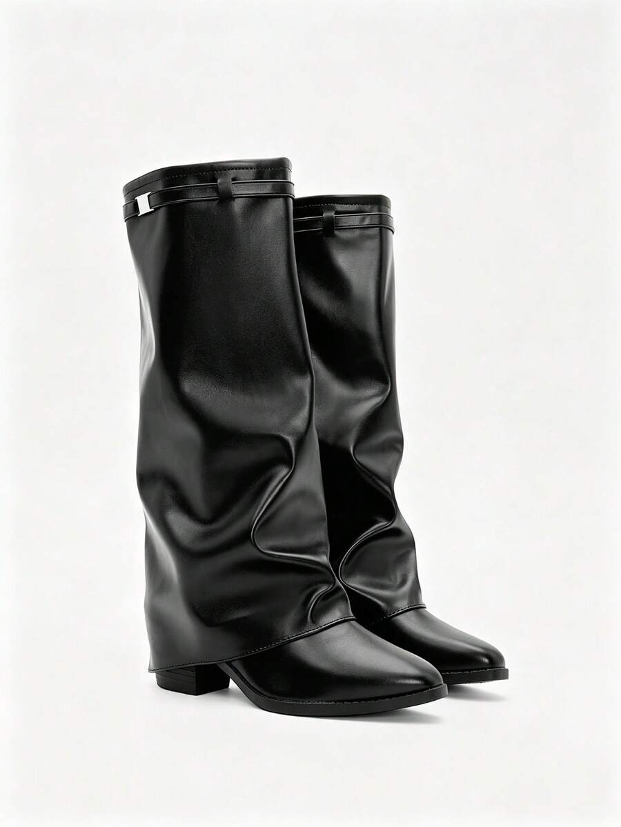 Women's Loose Knee-High Boots, Metal Buckle Wide Shaft Folded Long Boots, Pointed Toe Leather Western Cowboy Boots, Fashion Casual Riding Boots - Black - View 1