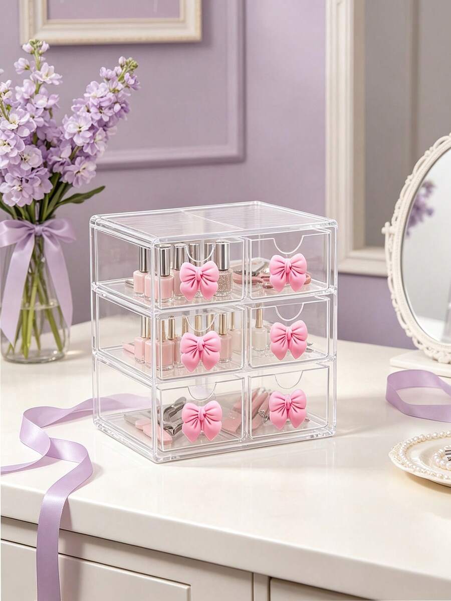 Mini Desktop Drawer Storage Box With Bow Decoration, Multi-Layer Jewelry And Cosmetics Storage Box, Desktop Storage, Suitable For Dressing Tables, Bedrooms, Office Supplies, Birthday Gifts, And School Season Gifts. - Multicolor - View 1