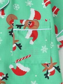 2pcs Comfortable Christmas Reindeer Print Short Sleeve Collared Top And Bowknot Shorts Women's Pajama Set - Green - View 5