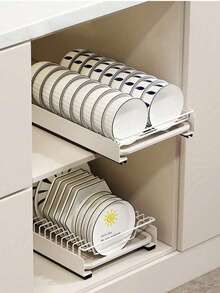 Pull-Out Cabinet Dish Rack, Drill-Free Sliding Dish & Bowl Storage Rack, Metal Draining Dish Rack, Kitchen Cabinet Space-Saving Tableware Storage Rack, Kitchen Countertop & Under-Sink Cabinet Storage Organizer - White - View 5