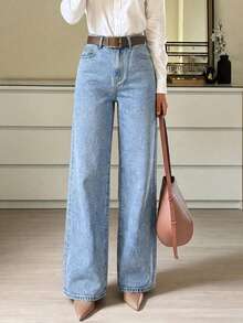 Celana Jeans Denim Elegan dengan Saku Resleting dan Kancing, Cocok untuk di Rumah, Acara Malam, Kencan, dan Gaya Kasual Musim Gugur. - Light Wash - View 4