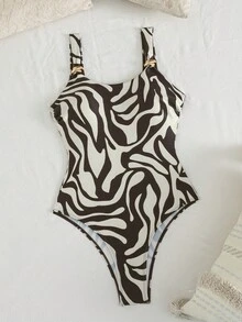 Women's New Animal Pattern Printed Thick Shoulder Strap Metal Jewelry One-Piece Swimsuit Suitable For Island Vacation Pool Parties - Multicolor - View 4