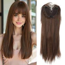 Wig Penutup Rambut Belahan Tengah Tenun Tangan Area Luas untuk Wanita, Penutup Rambut Mahkota Tinggi Tipis Ringan Tanpa Sambungan dengan Klip, Aksesori Rambut - Coffee Brown - View 2