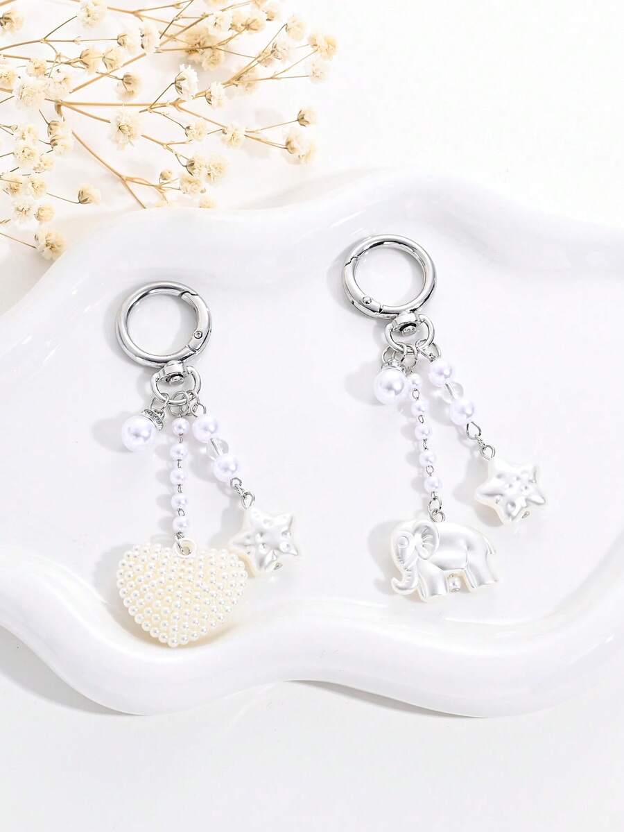 1pc Elegant Faux Pearl Heart Star Elephant Keychain, Bag, Earphone Case, Phone Case Accessory, Creative Gift - Multicolor - View 1