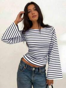 2pcs Women's Striped Knit Long Sleeve Tops, Boat Neck With Lantern Sleeves, Medium Stretch Fabric, Regular Length For Spring And Autumn - Blue Stripes + Black Stripes - View 6