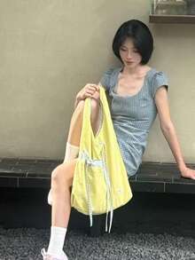日韓風小眾設計 Ins 風通勤休閒日常購物時尚極簡大容量可翻轉帆布托特包 女款柔軟百搭單肩包 - 黃色 - 查看 6