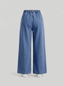 Girls' Denim Jeans, Bowknot Print Casual Wide Leg Straight Long Pants - Medium Wash - View 3