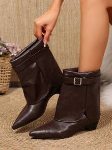Autumn/Winter New Women's Ankle Boots And Short Boots, Pointed Toe Chunky Heel Slim Fit Boots, Ruched Stacked Short Boots, Slip-On Metal Buckle Decor, Commute Versatile Daily Pants Boots - Coffee Brown - View 2