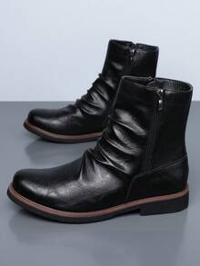 QRLQRL Autumn/Winter Men's Ruched Stacked Ankle Boots, Side Zipper Square Toe Thick Sole Fashion Boots, Urban Commute Streetwear Footwear - Black - View 3