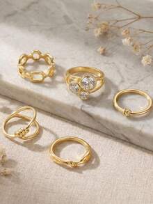5pcs Gold Ring Set, Stackable Knotted Hollow Chain Rhinestone Rings, Versatile Jewelry For Women - Gold - View 7