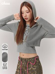 CHUU Letter Patchwork Hooded Knit Cardigan Women's Autumn Sweet Cool Metal Button Long Sleeve Short Jacket - Grey - View 3