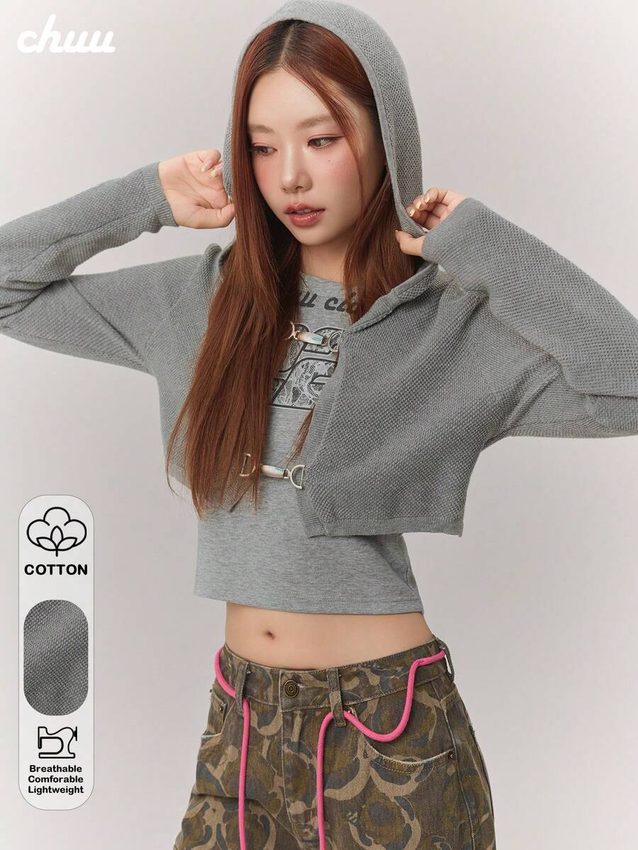 CHUU Letter Patchwork Hooded Knit Cardigan Women's Autumn Sweet Cool Metal Button Long Sleeve Short Jacket - Grey - View 1