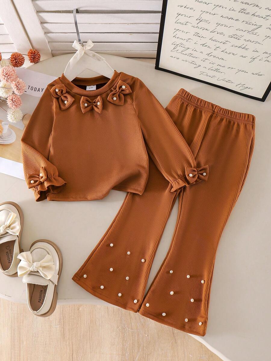 2pcs/Set Girls Toddler Casual Minimalist Bow Brown Long Sleeve Top & Flared Pants Outfit, Spring/Autumn - Brown - View 1