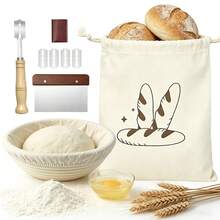 23cm Round/25cm Oval Bread Fermentation Basket Set, Includes Liner, Wooden Handle Dough Scraper, 5-Blade Scoring Knife And Storage Box, Sourdough Baking Kit With Storage Bag - - - View 1