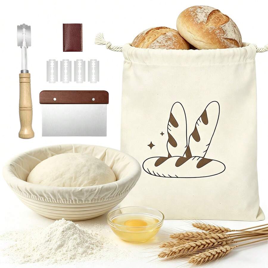 23cm Round/25cm Oval Bread Fermentation Basket Set, Includes Liner, Wooden Handle Dough Scraper, 5-Blade Scoring Knife And Storage Box, Sourdough Baking Kit With Storage Bag - - - View 1