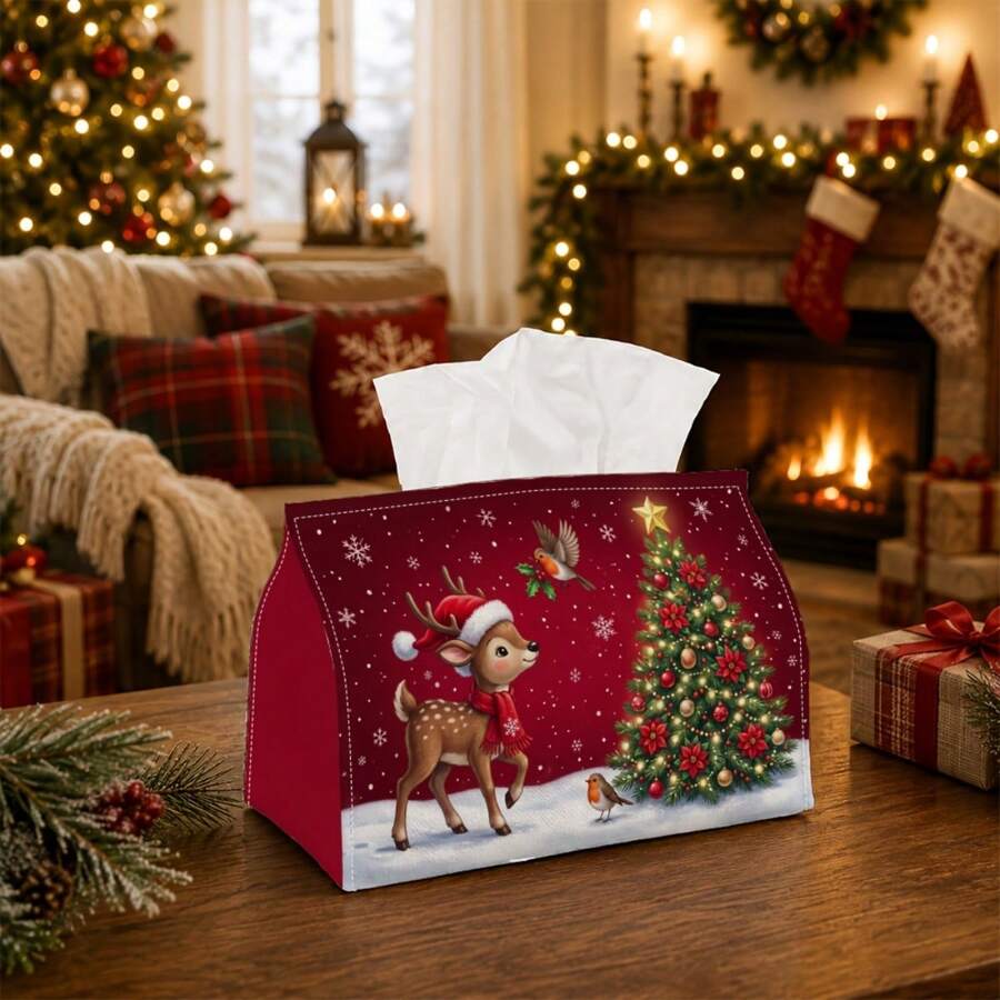1pc Christmas Print Tissue Box - Reindeer, Christmas Tree And Cardinal Tissue Box Holder, Suitable For Living Room, Bedroom, Coffee Table And Dining Table - Multicolor - View 1