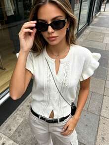 Bohemian Style Women's White Short Sleeve Knit Cardigan, Ruffle Sleeve And Button Detail, Slimming Knit Top For Autumn Layering Summer - White - View 4