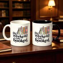 1pc 11oz My Weekend Is Fully Booked Ceramic Coffee Mug, Book Lover Retro Graphic Two‑Tone Cup, Dishwasher Reusable Drinkware, Reading Fan Daily Home Office Cup, Ideal Novelty Gift For Bookworms Readers - Multicolor - View 2