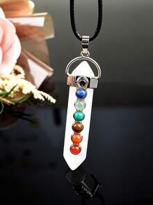 Natural Crystal Double-Pointed Pillar 7 Chakra Colorful Stone Pendant Necklace, Vintage Raw Stone Spiritual Jewelry Accessory - 7 Chakra Double Point Pendant - View 13