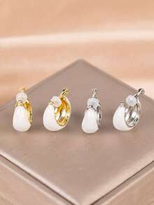 1 Pair Fashionable New White Oil Drop C-Shaped Earrings For Women, No Piercing Ear Clips With Adjustable Screw Backs, Suitable For Daily Wear - Ear Clip - View 5