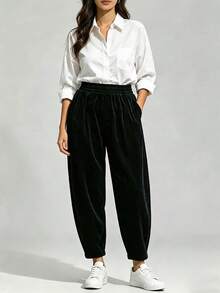 Women's Corduroy Cropped Joggers, Casual Loose Fit, Elastic Waistband With Pockets, Slightly Stretchy Autumn Loungewear - Black - View 3