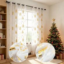 1 Panel Red Christmas Curtain, Christmas Tree & Snowflake Gold Foil Print Pattern Transparent Window Curtain, Light Filtering Window Decor, Suitable For Christmas Living Room, Bedroom, Door Curtain, Window Sheer - White - View 1