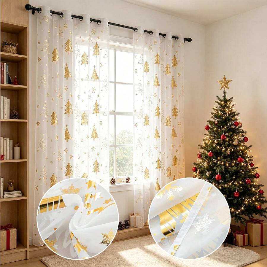 1 Panel Red Christmas Curtain, Christmas Tree & Snowflake Gold Foil Print Pattern Transparent Window Curtain, Light Filtering Window Decor, Suitable For Christmas Living Room, Bedroom, Door Curtain, Window Sheer - White - View 1